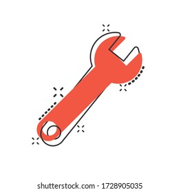 Icono de llave en estilo cómico. Ilustración vectorial de la caricatura de la clave spp. sobre fondo aislado blanco. Concepto de negocio de efecto de salpicadura del equipo de reparación.