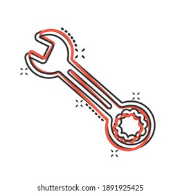 Wrench icon in comic style. Spanner key cartoon vector illustration on white isolated background. Repair equipment splash effect business concept.