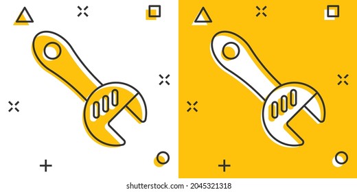 Wrench icon in comic style. Spanner key cartoon vector illustration on white isolated background. Repair equipment splash effect business concept.