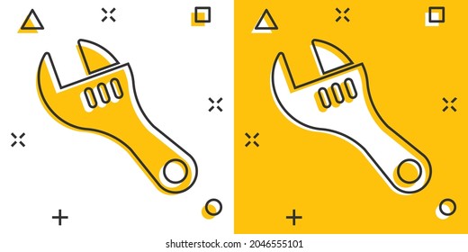 Wrench icon in comic style. Spanner key cartoon vector illustration on white isolated background. Repair equipment splash effect business concept.