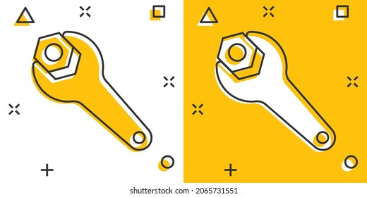 Wrench icon in comic style. Spanner key cartoon vector illustration on white isolated background. Repair equipment splash effect business concept.