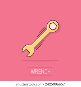 Wrench icon in comic style. Spanner key cartoon vector illustration on isolated background. Repair equipment splash effect business concept.