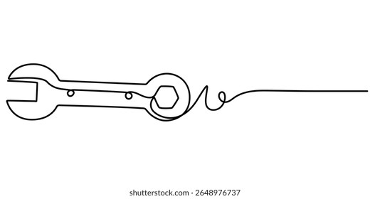 wrench icon continuous one line drawing, Adjustable wrench continuous single line drawing vector illustration, Continuous line drawing of wrench. Single line drawing of a wrench art. 