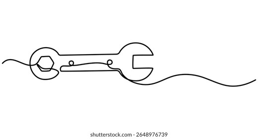 ícone de chave inglesa desenho contínuo de uma linha, chave ajustável desenho contínuo de linha única ilustração vetorial, desenho de linha contínua da chave inglesa. Desenho de uma única linha de uma chave inglesa. 