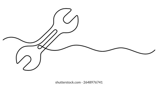 wrench icon continuous one line drawing, Adjustable wrench continuous single line drawing vector illustration, Continuous line drawing of wrench. Single line drawing of a wrench art. 
