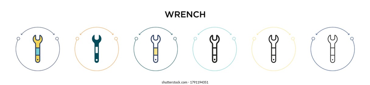 Wrench icon in filled, thin line, outline and stroke style. Vector illustration of two colored and black wrench vector icons designs can be used for mobile, ui, web