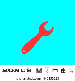 Wrench icon flat. Red pictogram on blue background. Vector illustration symbol and bonus buttons Music center, corkscrew, credit card, house, drum