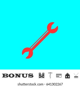 Wrench icon flat. Red pictogram on blue background. Vector illustration symbol and bonus buttons Music center, corkscrew, credit card, house, drum