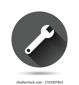 Wrench icon in flat style. Spanner key vector illustration on black round background with long shadow effect. Repair equipment circle button business concept.