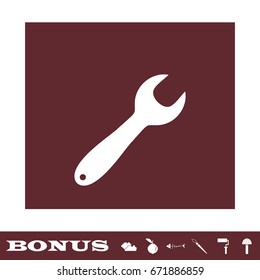 Wrench icon flat. White pictogram on brown background. Vector illustration symbol and bonus icons