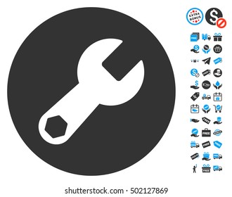 Wrench icon with free bonus clip art. Vector illustration style is flat iconic symbols, blue and gray colors, white background.