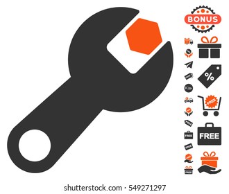 Wrench icon with free bonus clip art. Vector illustration style is flat iconic symbols, orange and gray colors, white background.