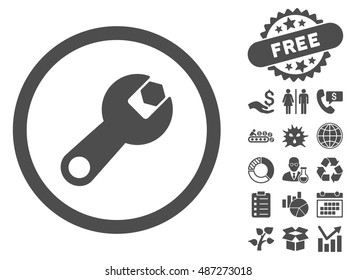Wrench icon with free bonus design elements. Vector illustration style is flat iconic symbols, gray color, white background.