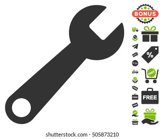 Wrench icon with free bonus design elements. Vector illustration style is flat iconic symbols, eco green and gray colors, white background.