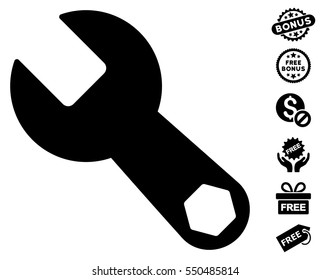 Wrench icon with free bonus design elements. Vector illustration style is flat iconic symbols, black color, white background.