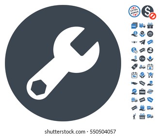 Wrench icon with free bonus design elements. Vector illustration style is flat iconic symbols, smooth blue colors, white background.