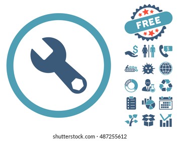 Wrench icon with free bonus elements. Vector illustration style is flat iconic bicolor symbols, cyan and blue colors, white background.