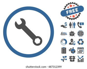 Wrench icon with free bonus elements. Vector illustration style is flat iconic bicolor symbols, cobalt and gray colors, white background.