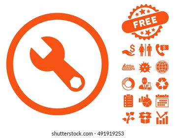 Wrench icon with free bonus elements. Vector illustration style is flat iconic symbols, orange color, white background.