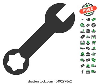 Wrench icon with free bonus graphic icons. Vector illustration style is flat iconic symbols, green and gray colors, white background.