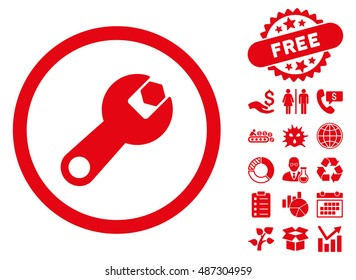 Wrench icon with free bonus images. Vector illustration style is flat iconic symbols, red color, white background.