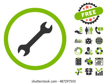 Wrench icon with free bonus pictograph collection. Vector illustration style is flat iconic bicolor symbols, eco green and gray colors, white background.