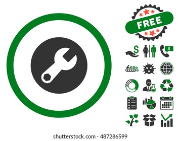 Wrench icon with free bonus pictures. Vector illustration style is flat iconic bicolor symbols, green and gray colors, white background.