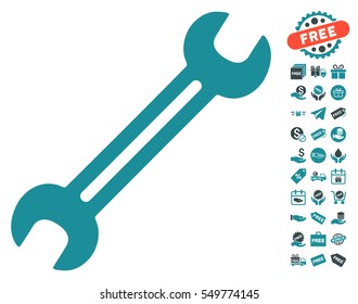 Wrench icon with free bonus pictures. Vector illustration style is flat iconic symbols, soft blue colors, white background.
