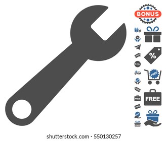 Wrench icon with free bonus pictures. Vector illustration style is flat iconic symbols, cobalt and gray colors, white background.