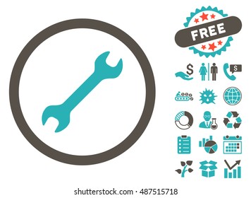 Wrench icon with free bonus icon set. Vector illustration style is flat iconic bicolor symbols, grey and cyan colors, white background.