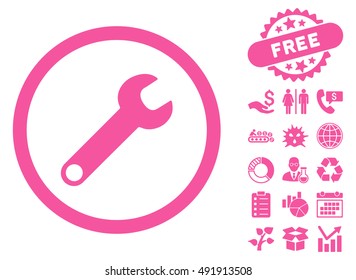 Wrench icon with free bonus icon set. Vector illustration style is flat iconic symbols, pink color, white background.