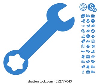 Wrench icon with free bonus icon set. Vector illustration style is flat iconic symbols, cobalt color, white background.