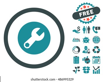 Wrench icon with free bonus symbols. Vector illustration style is flat iconic bicolor symbols, soft blue colors, white background.