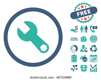 Wrench icon with free bonus symbols. Vector illustration style is flat iconic bicolor symbols, cobalt and cyan colors, white background.