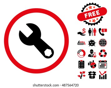 Wrench icon with free bonus symbols. Vector illustration style is flat iconic bicolor symbols, intensive red and black colors, white background.