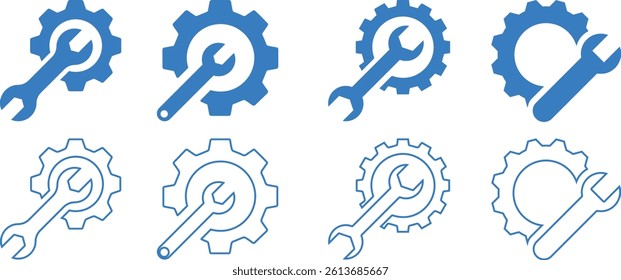 Wrench icon, gear icon, blue and orange, technical symbol, maintenance concept, repair tool, industrial design