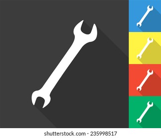 wrench icon - gray and colored (blue, yellow, red, green) vector illustration with long shadow