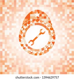 wrench icon inside abstract emblem, orange mosaic background