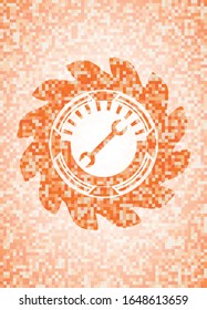 wrench icon inside abstract emblem, orange mosaic background