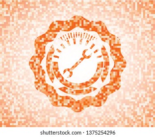 wrench icon inside abstract orange mosaic emblem with background