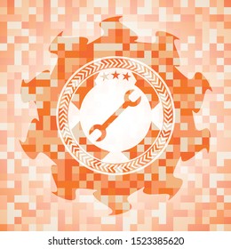wrench icon inside abstract orange mosaic emblem with background