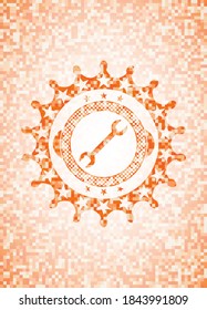 icono de la llave en el interior del emblema abstracto de mosaico naranja con fondo. 