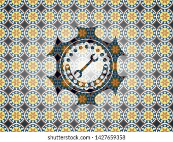 wrench icon inside arabesque badge. arabic decoration.