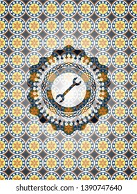wrench icon inside arabesque emblem background. arabic decoration.