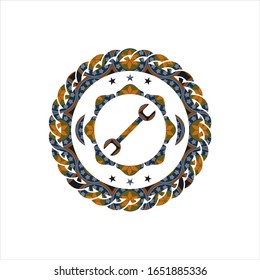 wrench icon inside arabesque emblem background. arabic decoration.