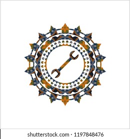 wrench icon inside arabic badge. Arabesque decoration.