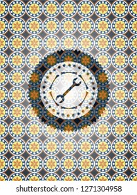 wrench icon inside arabic badge background. Arabesque decoration.