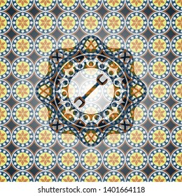 wrench icon inside arabic emblem background. Arabesque decoration.