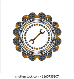 wrench icon inside arabic style emblem. Arabesque decoration.