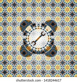 wrench icon inside arabic style emblem. Arabesque decoration.